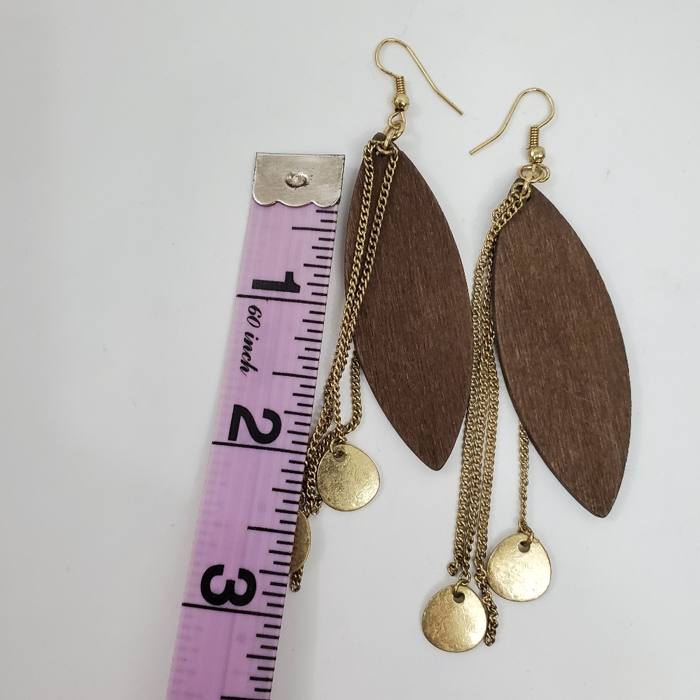 Wood & Gold Tone Dangle Earrings - Picture 5 of 5
